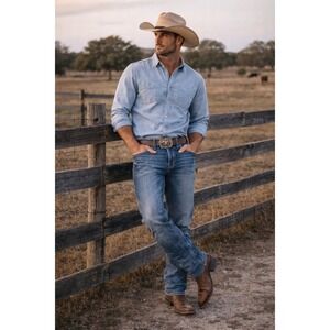 True Luck Mens Jeans 32x30 Western Cowboy Blue‎ Straight Leg Faded Denim Stretch